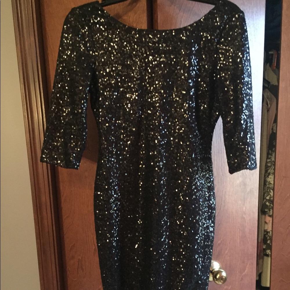 3/4 sleeve black homecoming sequin dress